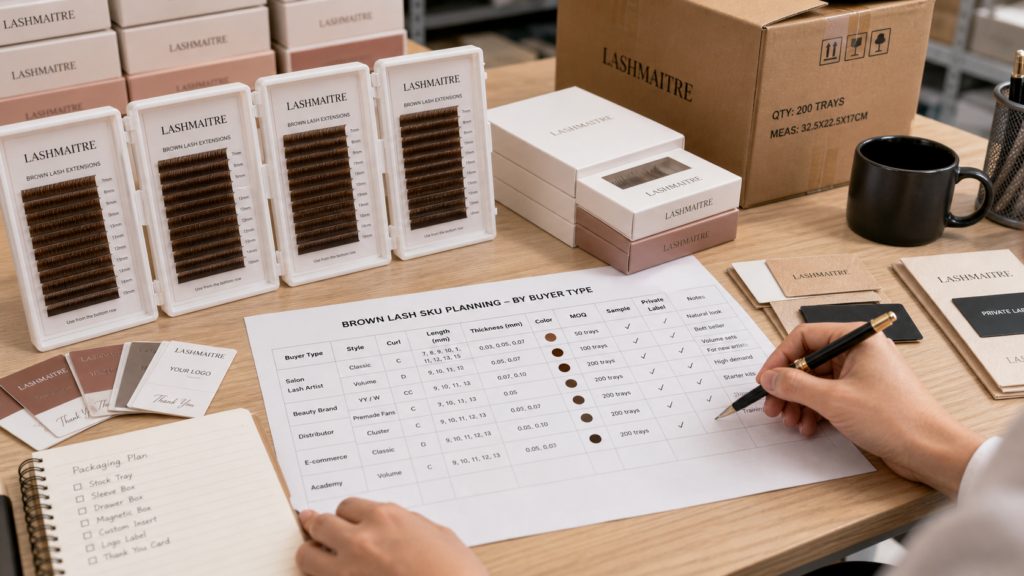 LASHMAITRE brown lash SKU planning desk with brown lash trays, buyer checklist, sample labels, and private label packaging options.