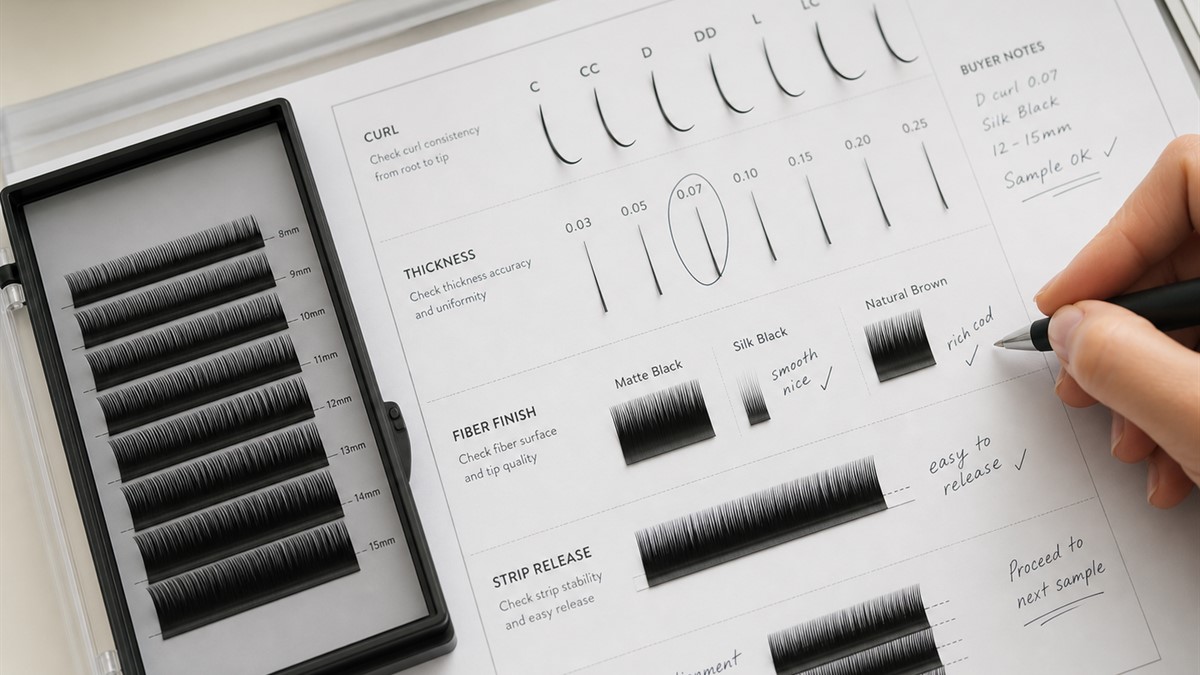 China lash manufacturer sample inspection board with curl thickness fiber finish strip release and tray alignment checks