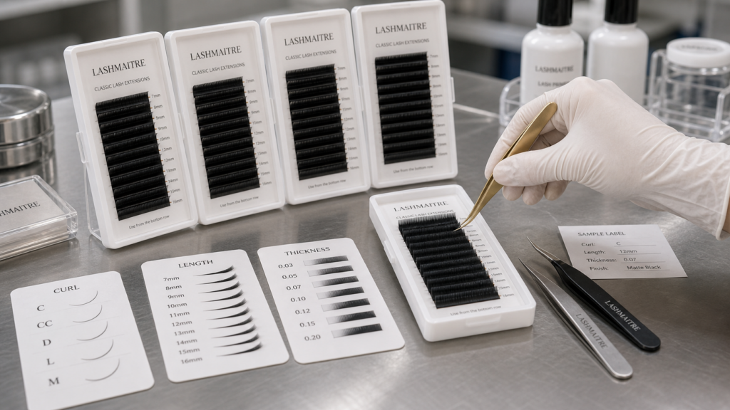 LASHMAITRE classic lash extension trays with curl, length, and thickness spec cards for wholesale buyer comparison.