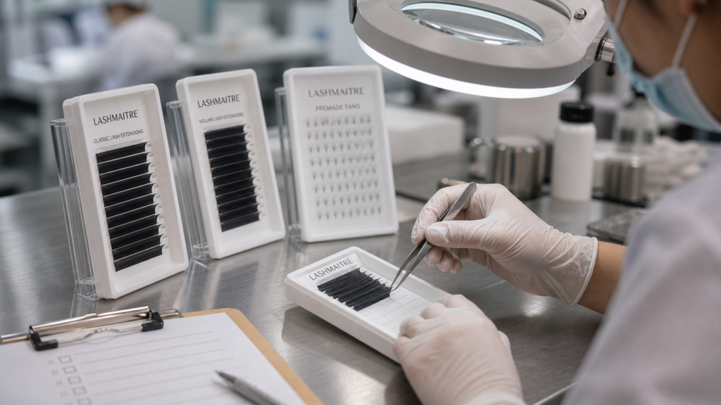 LASHMAITRE factory quality control inspection comparing classic lash extensions, volume lash extensions, and premade fans for wholesale buyers.