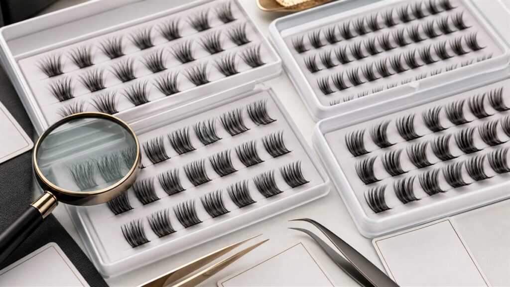 Cluster lash style comparison with trays tweezers and magnifier for wholesale sample approval