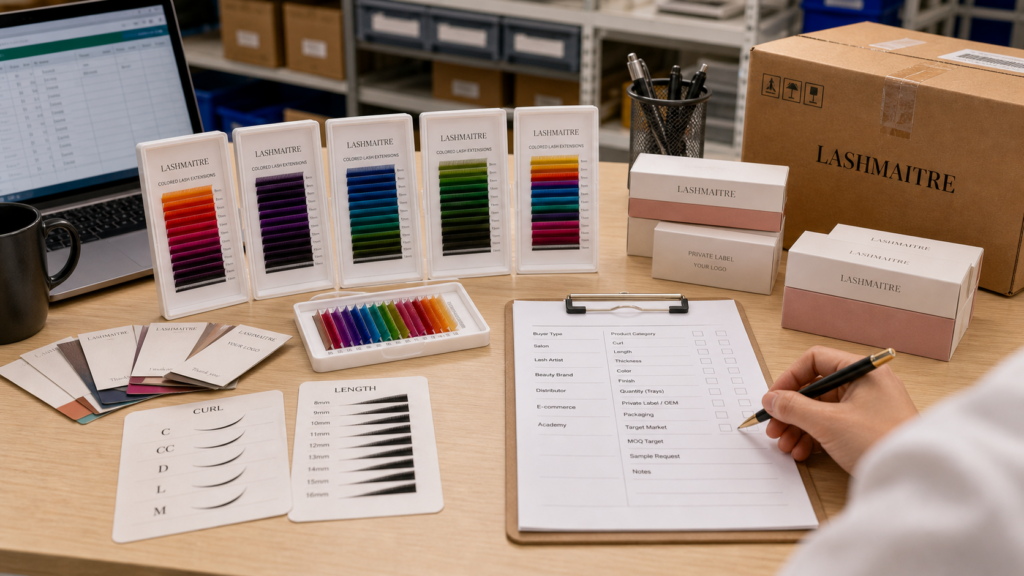 LASHMAITRE colored lash SKU planning desk with color lash trays, buyer checklist, sample labels, and private label packaging options.