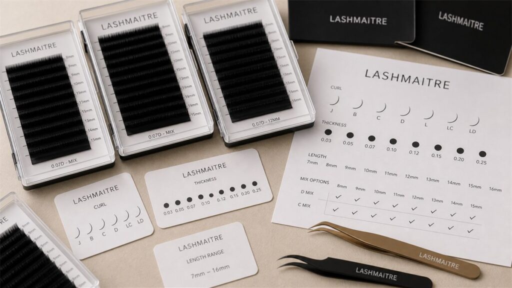 Eyelash extension tray curl thickness and length planning for wholesale buyers