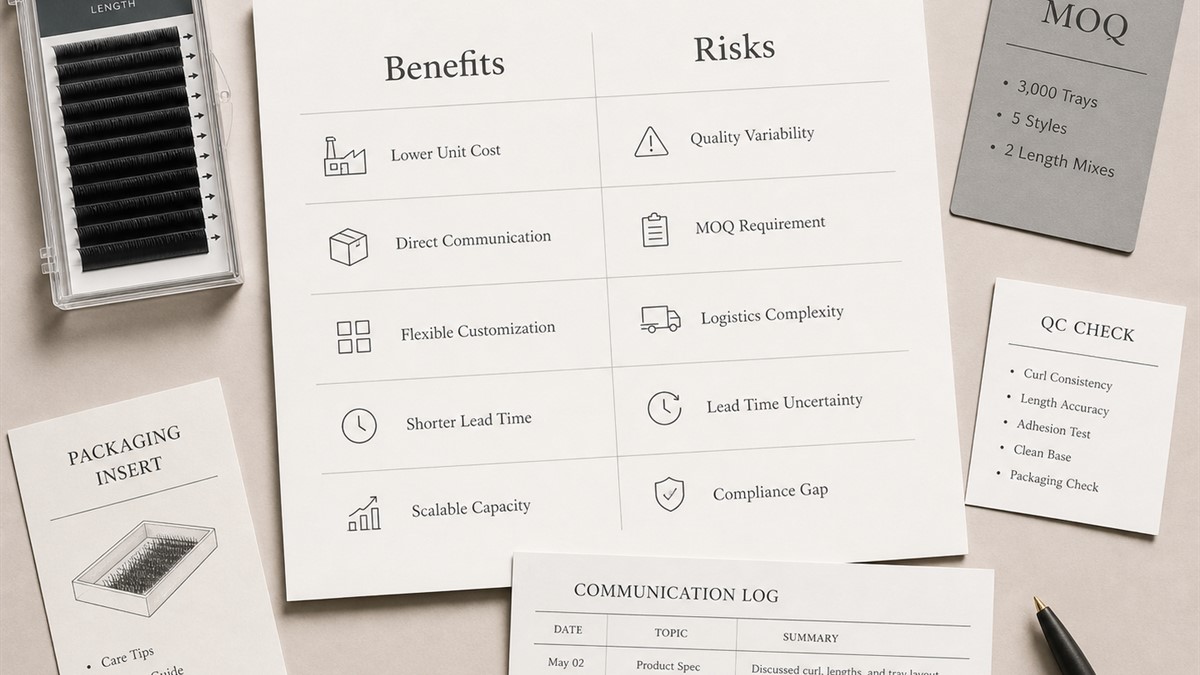 Factory direct lash extensions benefits and risks table with samples MOQ QC packaging and communication checks