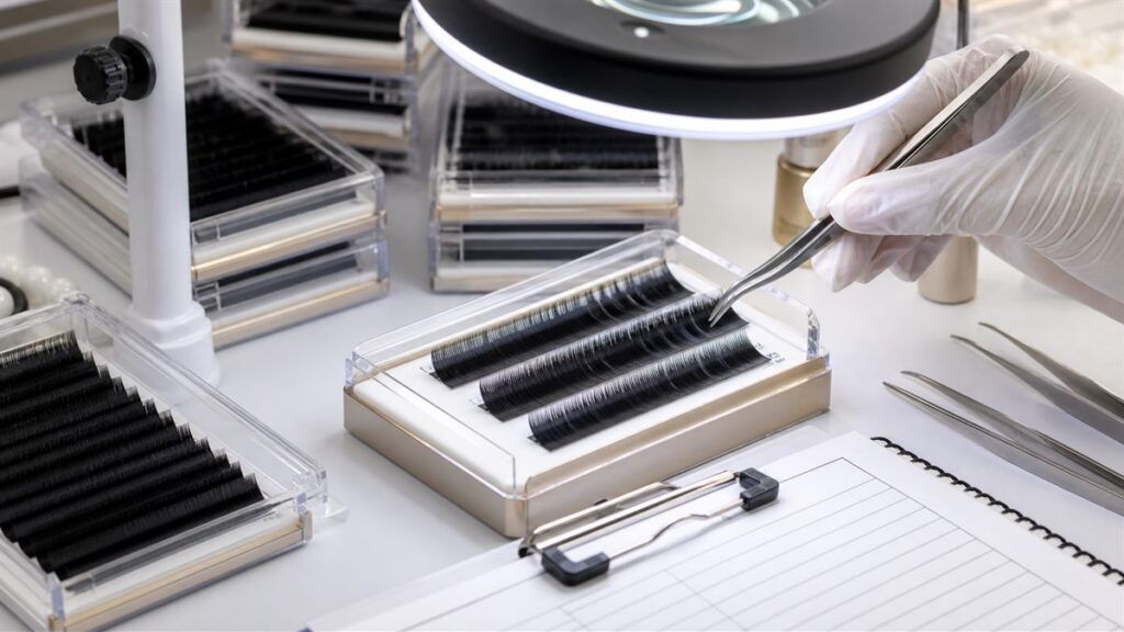Factory QC inspection of wholesale lash extension trays with gloves tweezers and magnifier