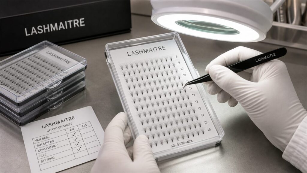 Premade fan lash base quality control inspection with LASHMAITRE lash tray and tweezers