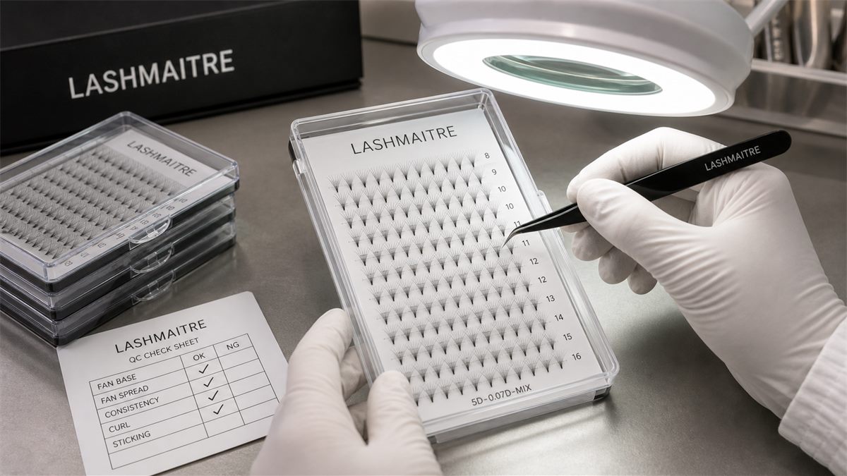 premade fan lash base quality control inspection with LASHMAITRE tray and tweezers