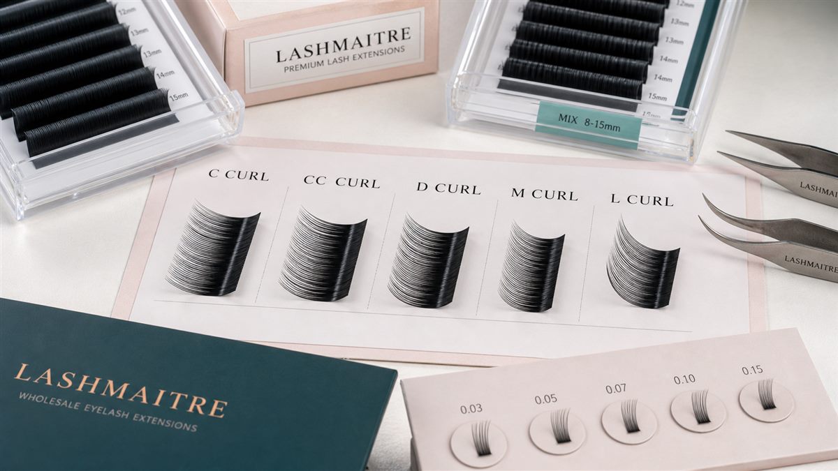 L curl lash comparison board with C CC D M and L curl samples for wholesale buyers