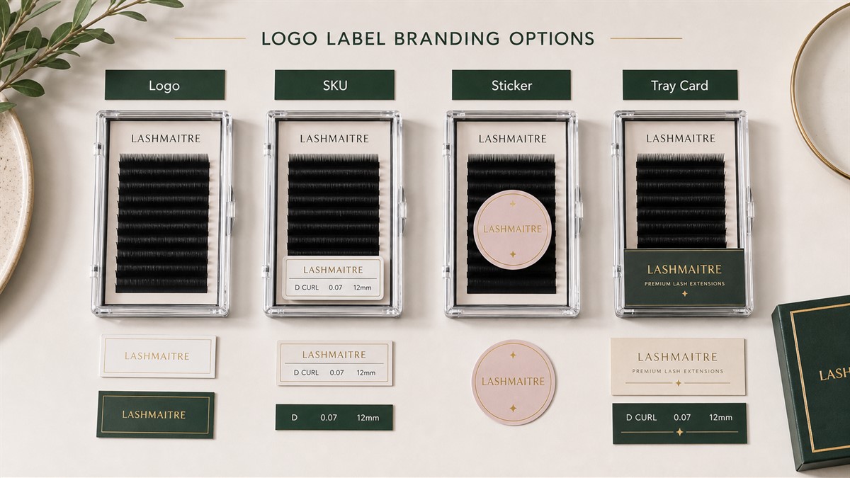 Lash tray logo label branding options with logo only label SKU label sticker and tray card examples