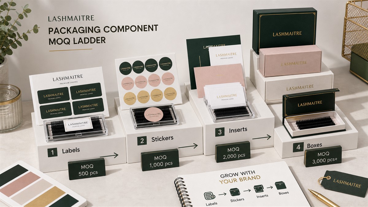 Lash packaging component MOQ ladder from logo labels to inserts stickers and custom boxes