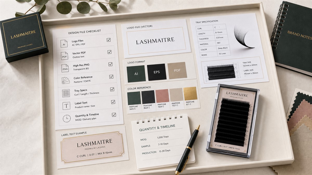 Private label lash packaging design brief file checklist with logo formats tray specs label text and quantity notes