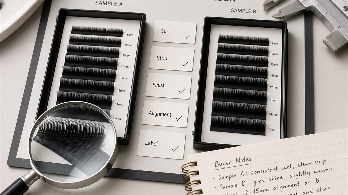 Lash supplier comparison matrix sample quality board with curl strip release finish tray alignment and label clarity checks