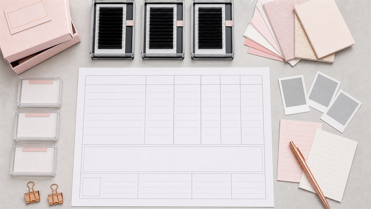 Lash sample record field map with tray specs and packaging references