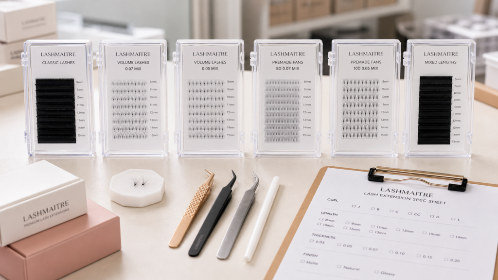 LASHMAITRE lash trays showing classic, volume, premade fan, and mixed-length tray options for wholesale buyers.