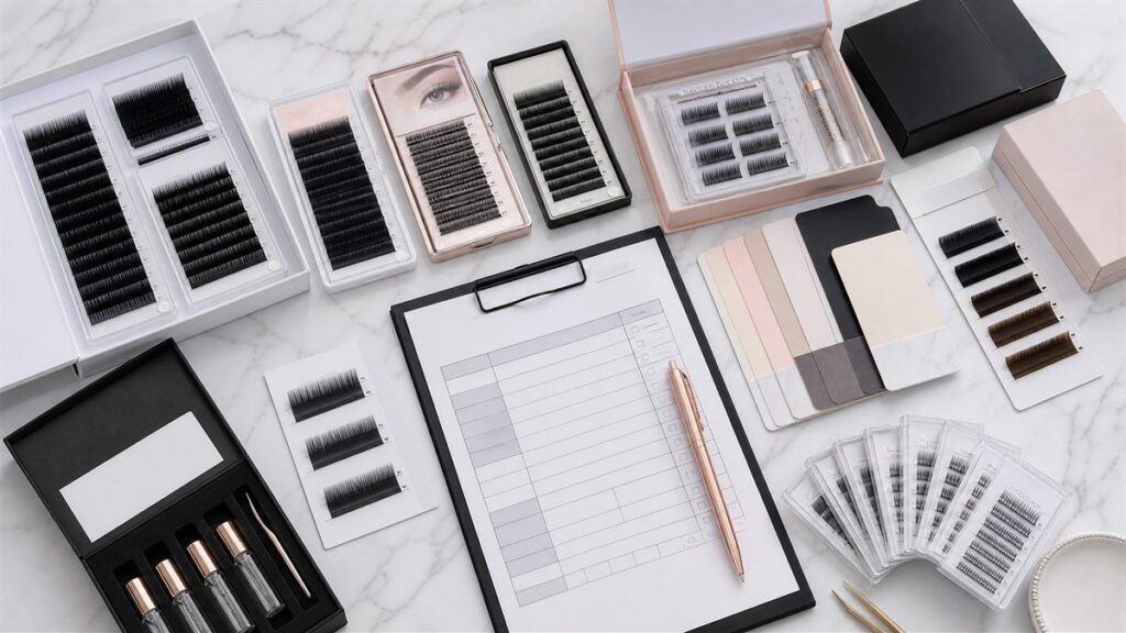 MOQ sample approval desk for bulk eyelash extensions with lash trays packaging swatches and SKU cards
