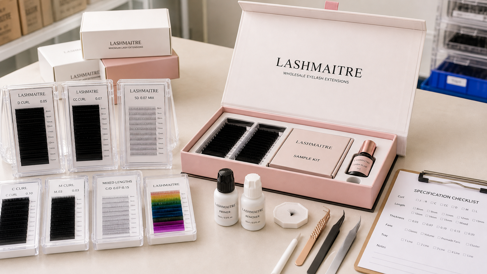 MOQ 50 sample kit for wholesale eyelash extensions buyers comparing curl length thickness and tray mix