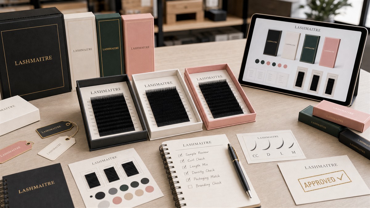 OEM lash extensions startup brands sample path with LASHMAITRE branded tray cards curl specs and buyer notes