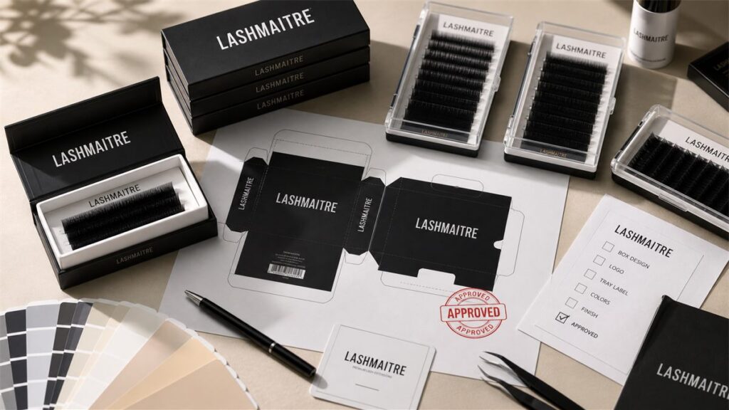 Private label lash packaging approval with LASHMAITRE custom box and tray label samples