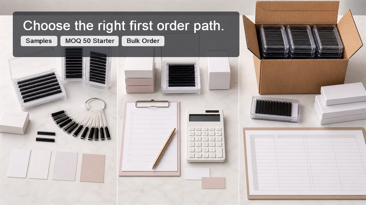lash extension MOQ guide - Samples versus MOQ 50 versus bulk lash orders comparison for wholesale buyers