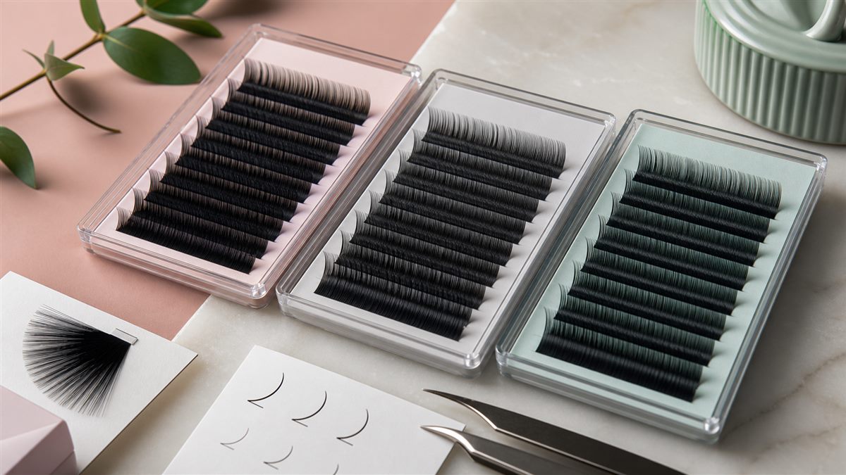 Silk style lash finish comparison with matte cashmere and standard PBT eyelash extension trays