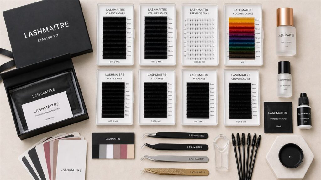 Wholesale lash starter kit product layout with classic volume premade fans glue and tweezers