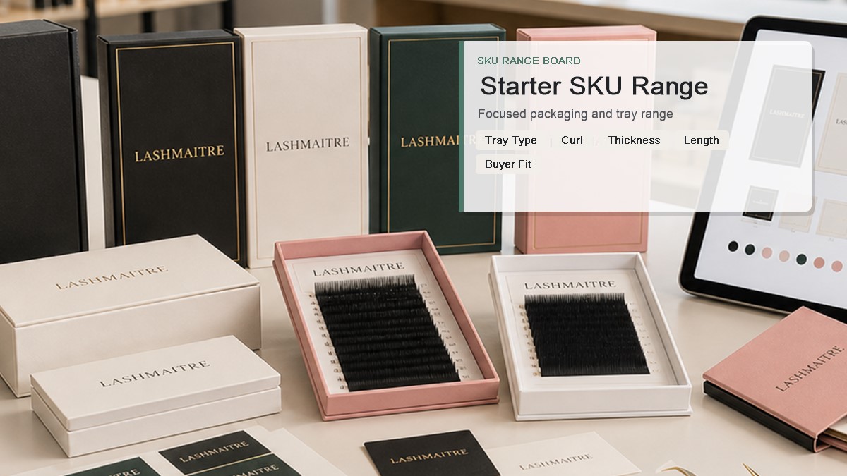 Starter lash SKU range board with tray type curl thickness length and buyer segment notes