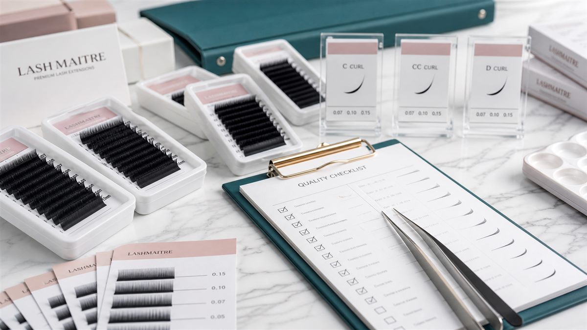 Eyelash extension sample approval desk with curl thickness trays and QC checklist for supplier selection