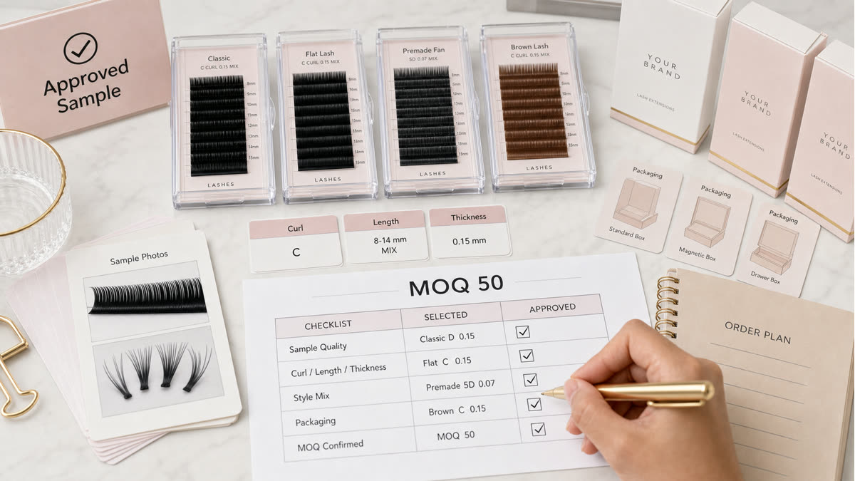 MOQ 50 lash order planning with approved lash samples curl length thickness notes and packaging checklist