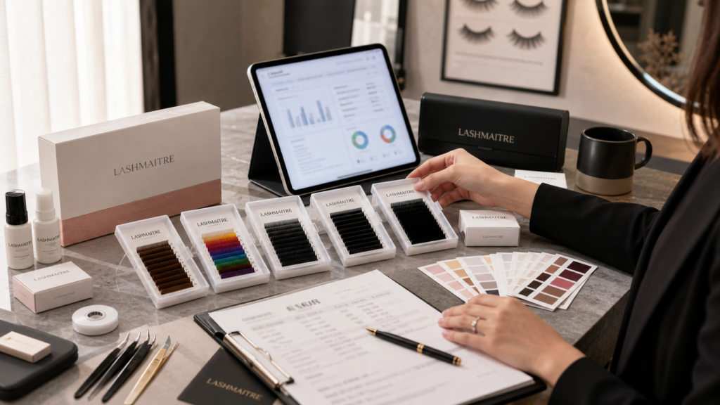LASHMAITRE salon buyer planning brown lash extensions, colored lash extensions, classic trays, and private label packaging for B2B SKU decisions.