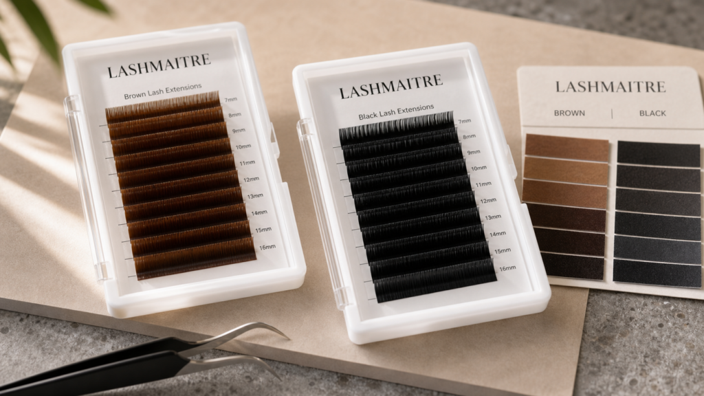 LASHMAITRE brown lash extensions and black lash extensions shown side by side for B2B product positioning comparison.