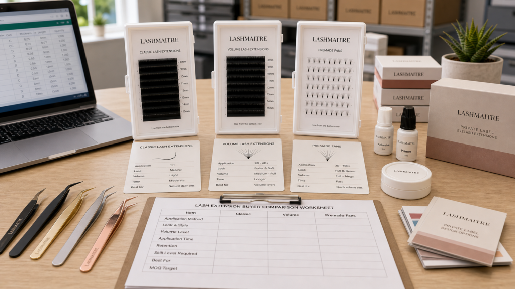 LASHMAITRE classic lash extensions, volume lash extensions, and premade fan trays shown side by side for B2B product line comparison.