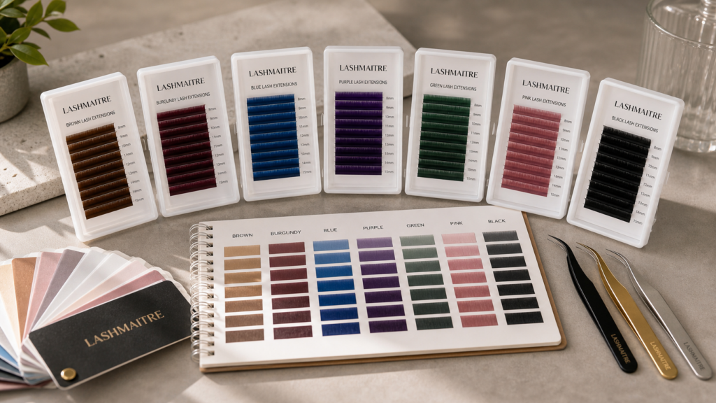 LASHMAITRE colored lash extension trays shown with brown, burgundy, blue, purple, and black reference lashes for wholesale comparison.