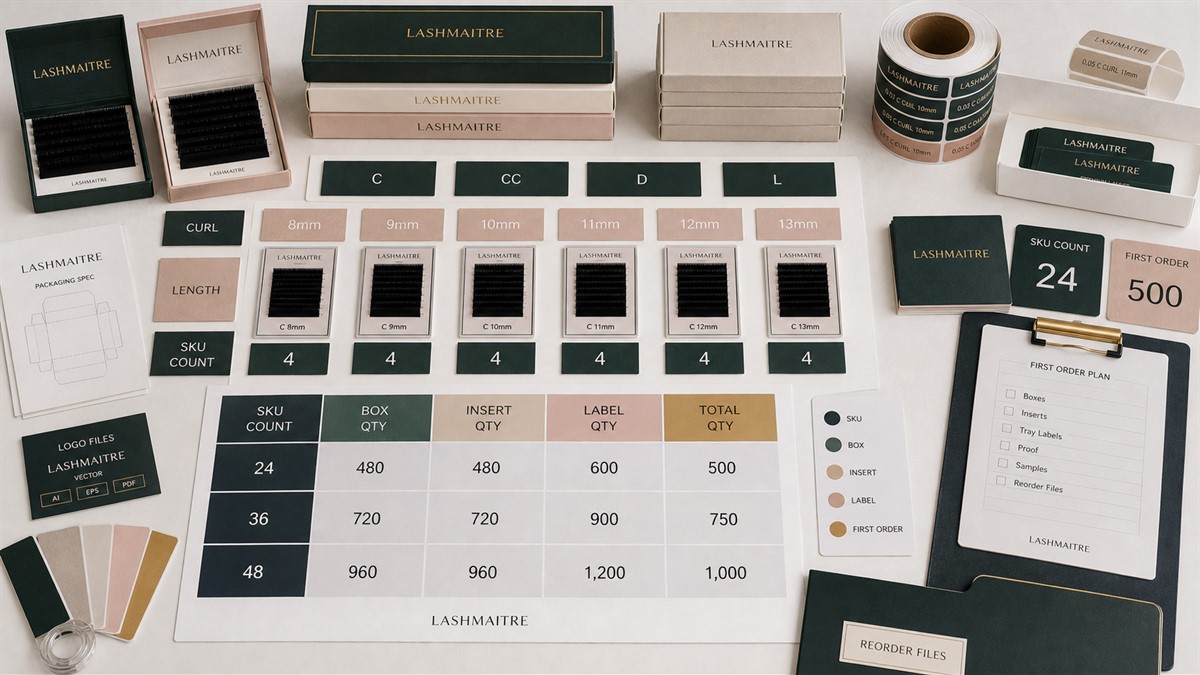 Custom lash box insert and tray label quantity plan connected to lash SKU count