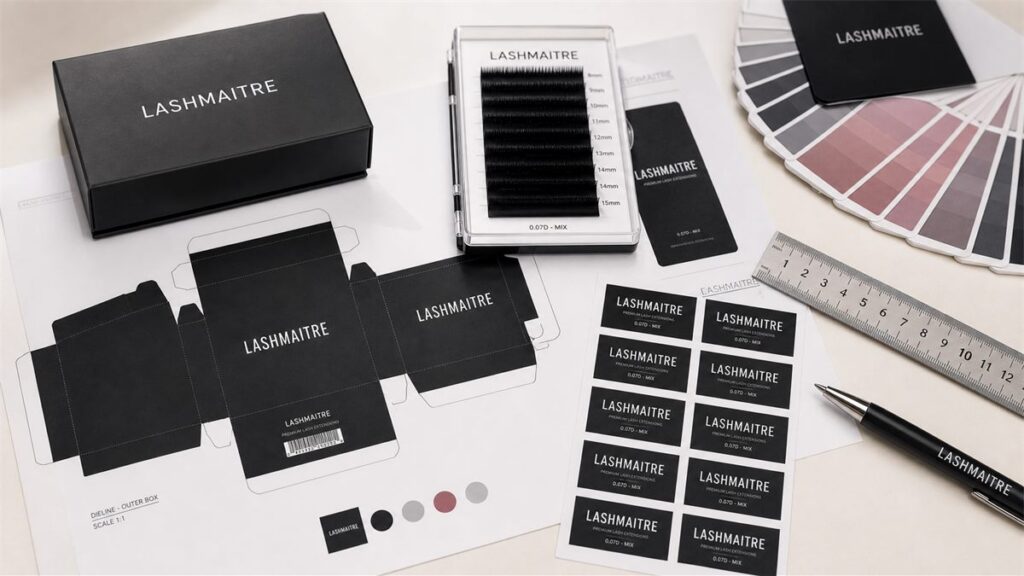 OEM lash production and packaging workflow with LASHMAITRE trays and custom boxes