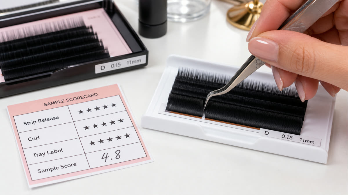 Flat lash sample check for strip release artist handling and curl label review