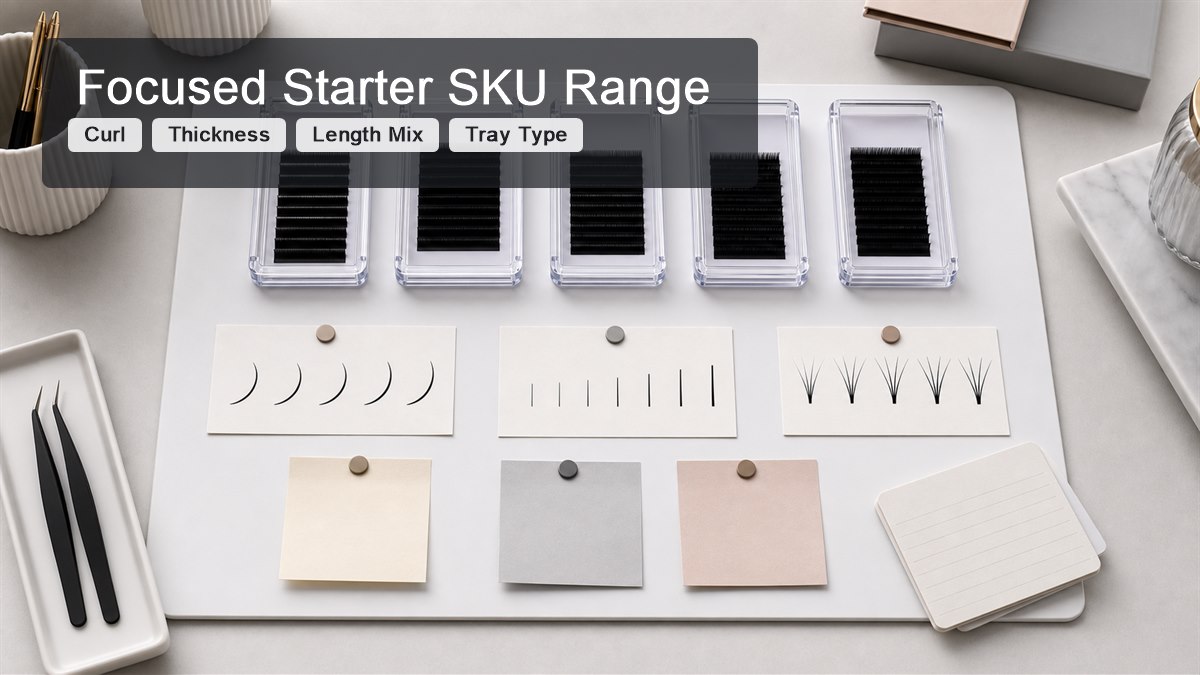 lash extension MOQ guide - Focused starter lash SKU range with curl thickness length and tray type notes