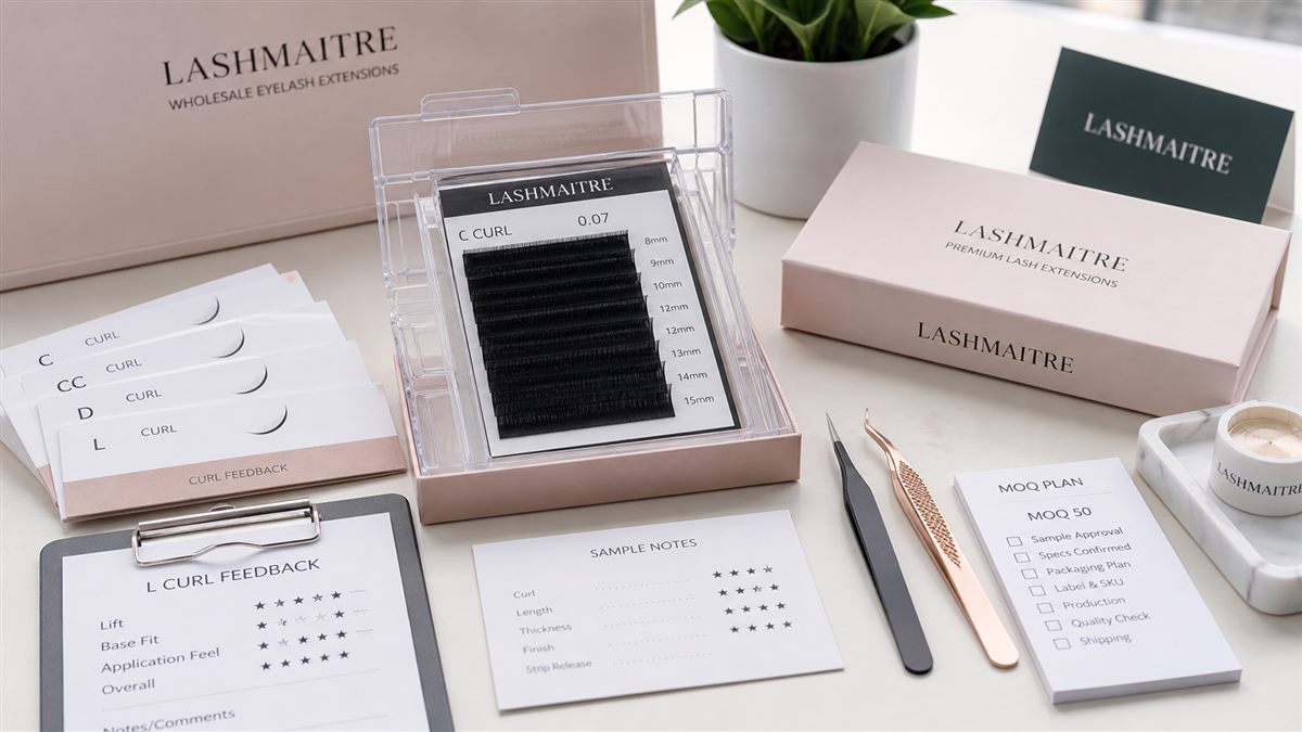 L curl lash sample testing desk with mixed length tray feedback cards and MOQ planning notes