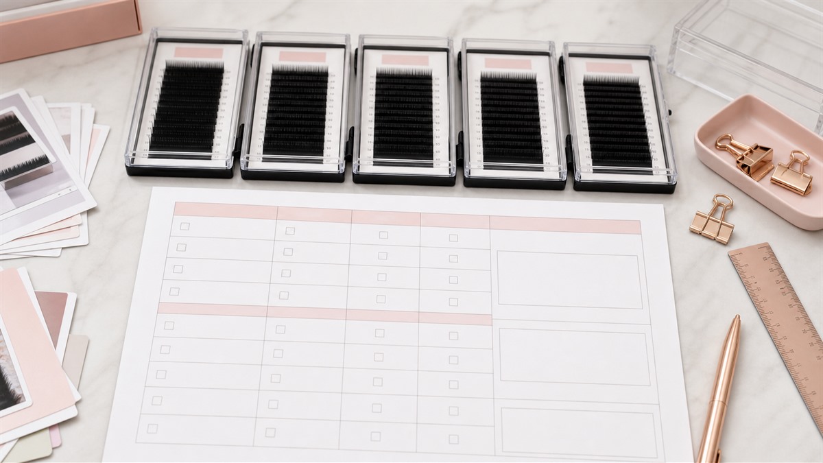 Lash curl testing worksheet with eyelash extension trays for buyer notes