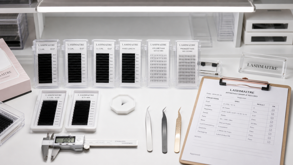 Lash extension quality control table checking tray labels, curl, length, thickness, and approved sample records.