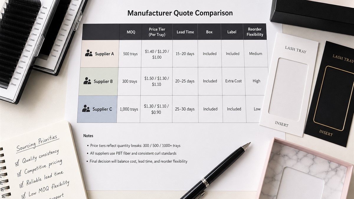 Lash manufacturer quote comparison with MOQ price lead time packaging options and reorder notes