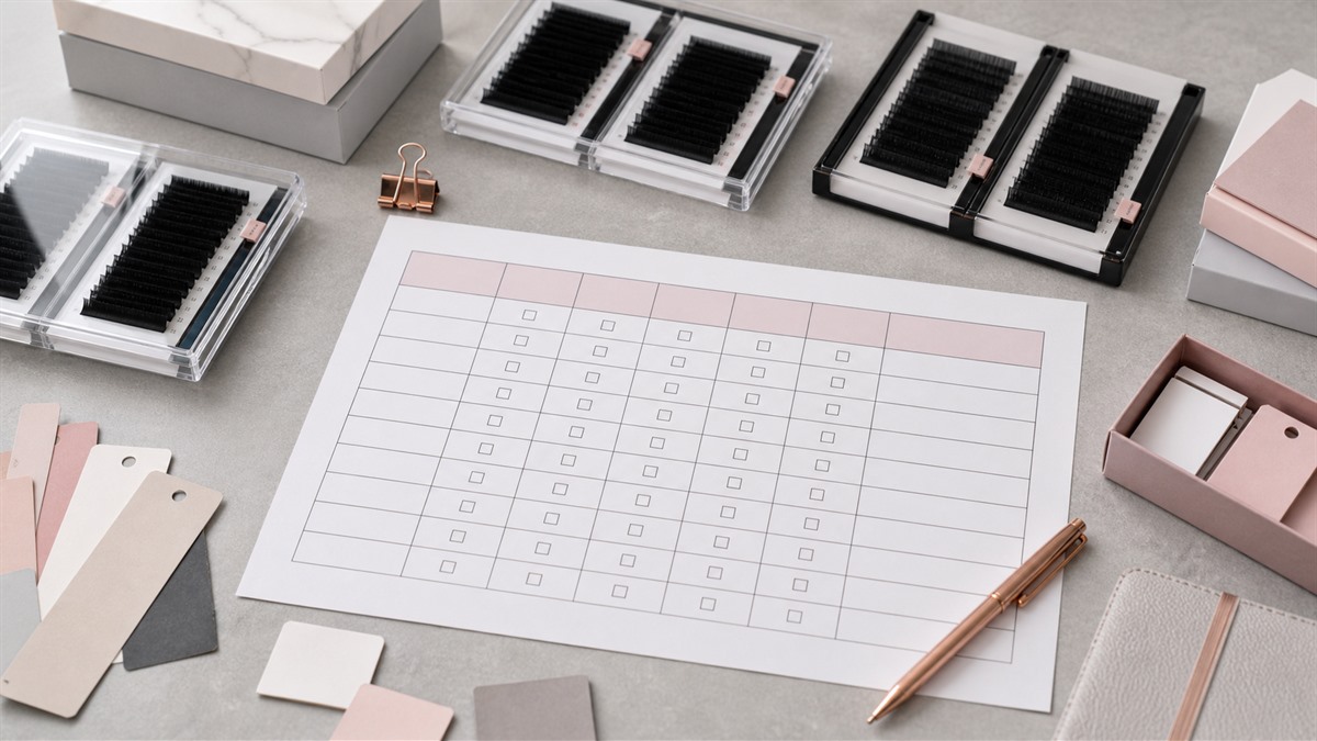 Lash sample evaluation table beside eyelash extension trays