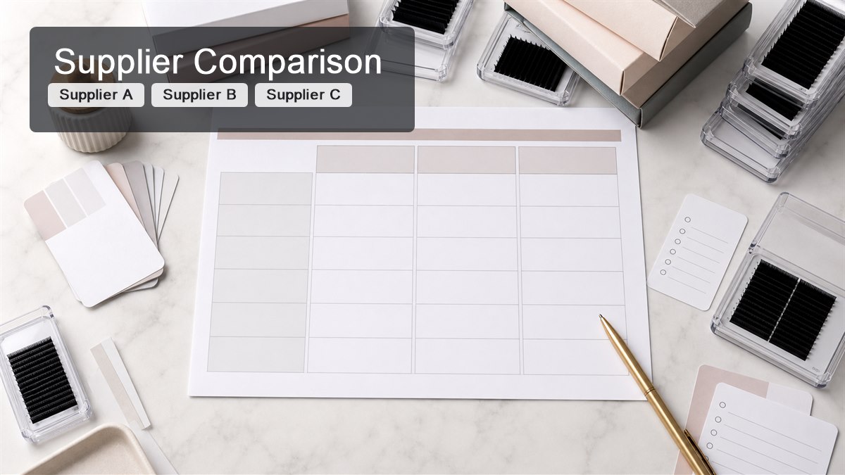 OEM lash supplier questions - Lash supplier comparison table for three candidate suppliers with sample packaging MOQ and QC notes
