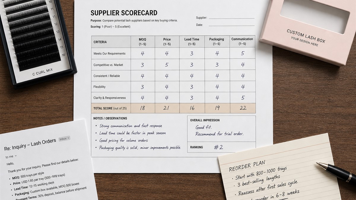Lash supplier scorecard comparing MOQ price lead time packaging support communication and reorder records