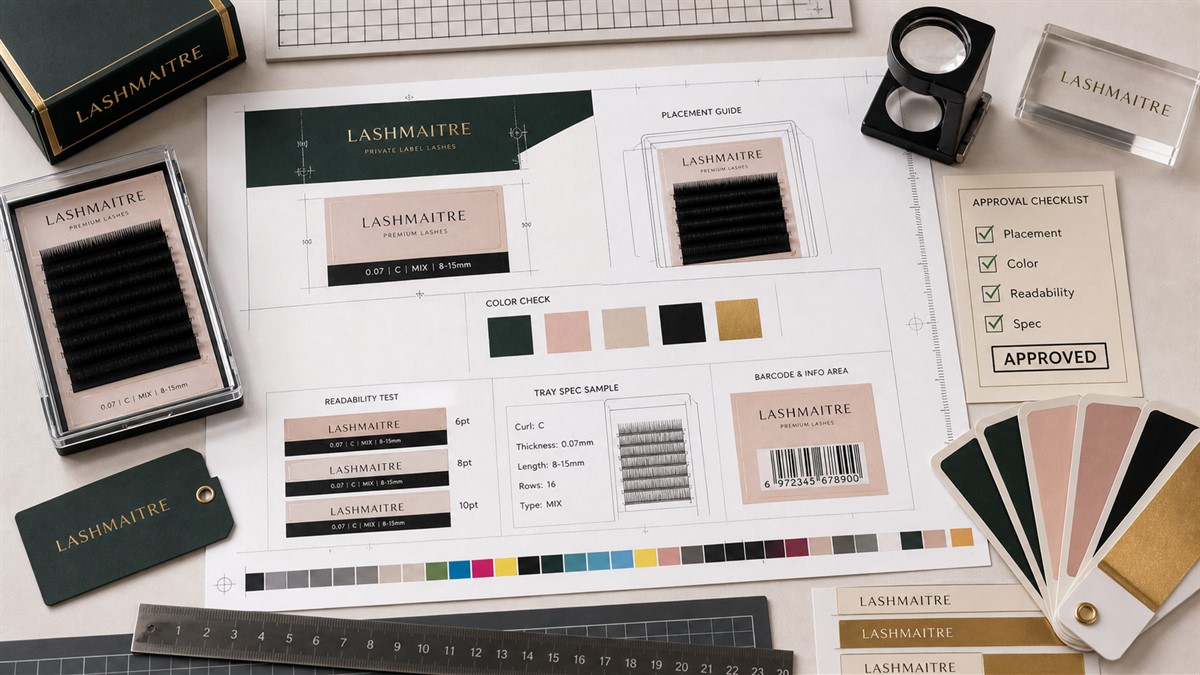 Lash tray logo label artwork proof with logo placement readability tray specs and color checks