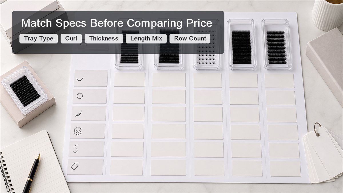 wholesale lash tray quote comparison - Lash tray spec comparison board for tray type curl thickness length mix and row count