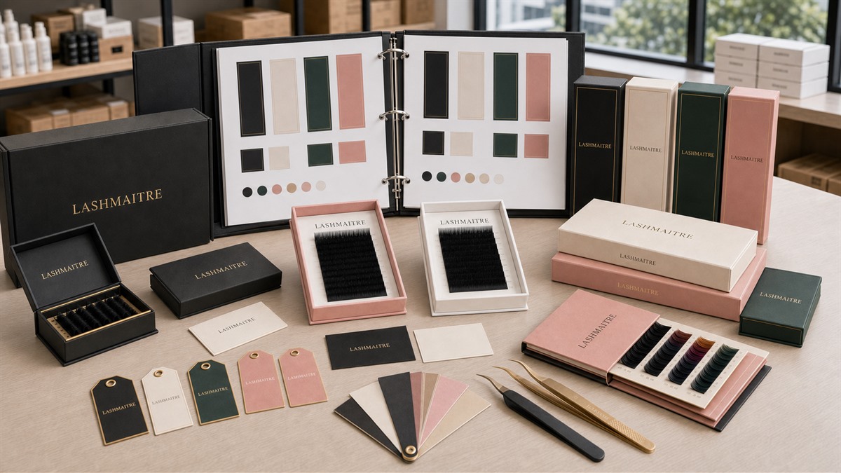 LASHMAITRE launch packaging and sample file with branded boxes tray labels photos and approval cards