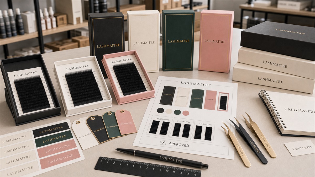 LASHMAITRE logo label and box proof check with branded lash tray cards and sample packaging