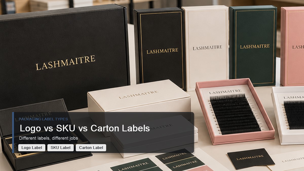 Logo label SKU label and carton label comparison for private label lash packaging