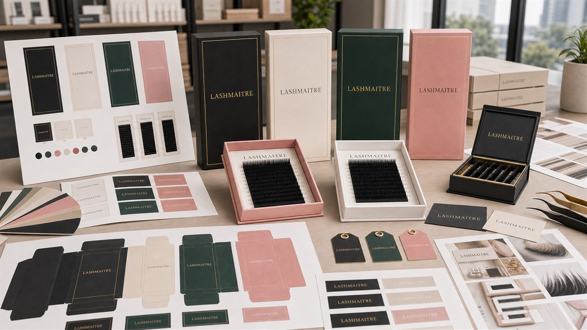 LASHMAITRE lash packaging proof board with branded boxes labels tray cards and color swatches