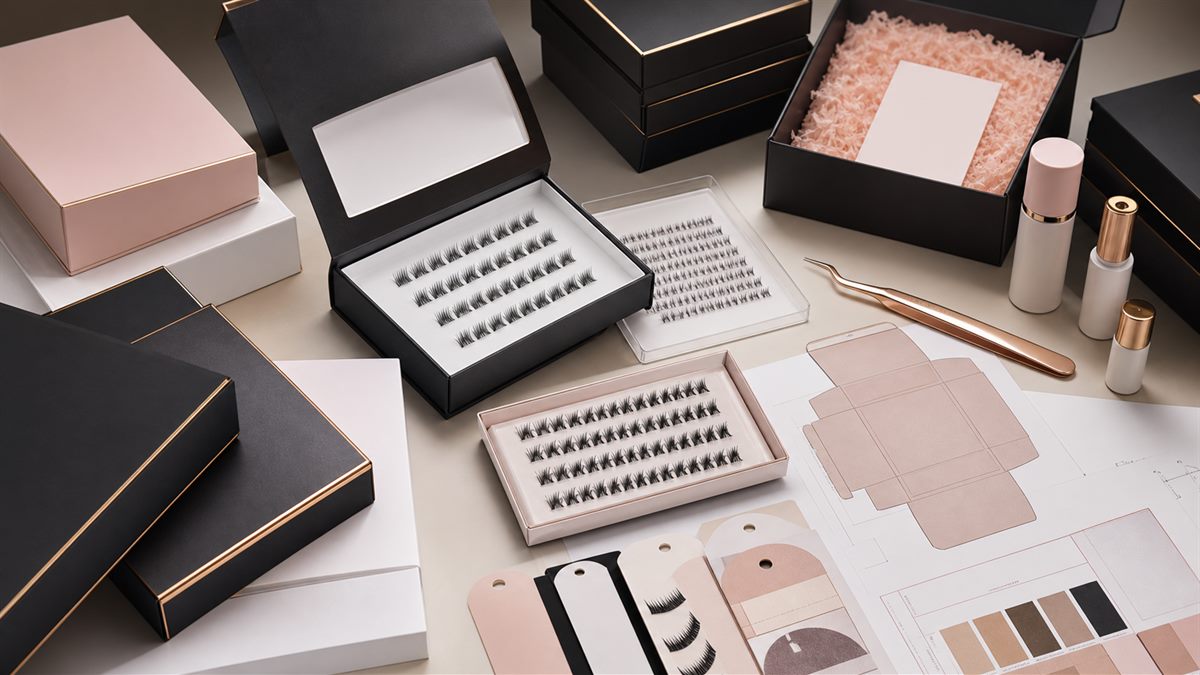 LASHMAITRE private label cluster lash packaging with tray cards boxes and approval samples